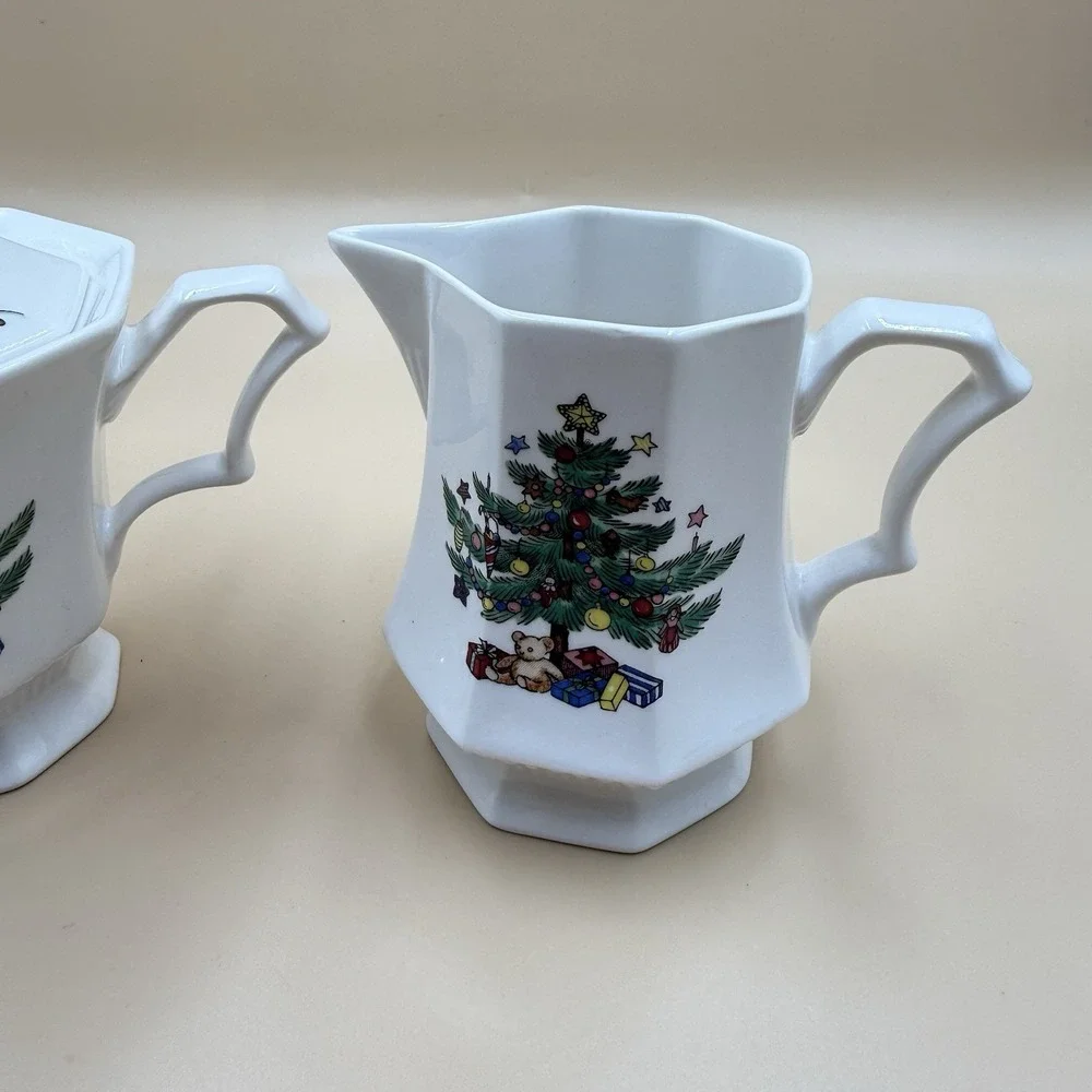 Nikko Christmastime Creamer and Sugar Bowl Set Octagon Christmas Tree Vintage